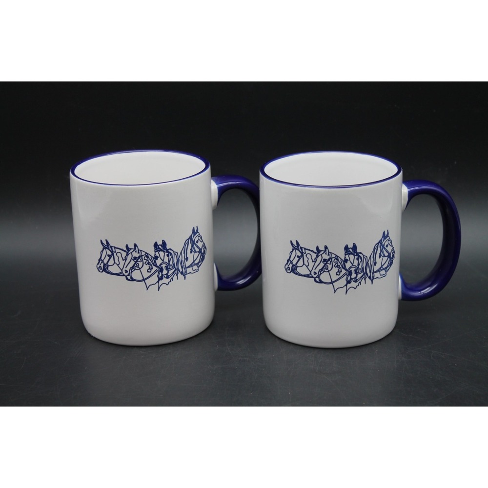Set of 2 Horse Coffee Mugs Blue White Ceramic M Ware Equestrian Cups
